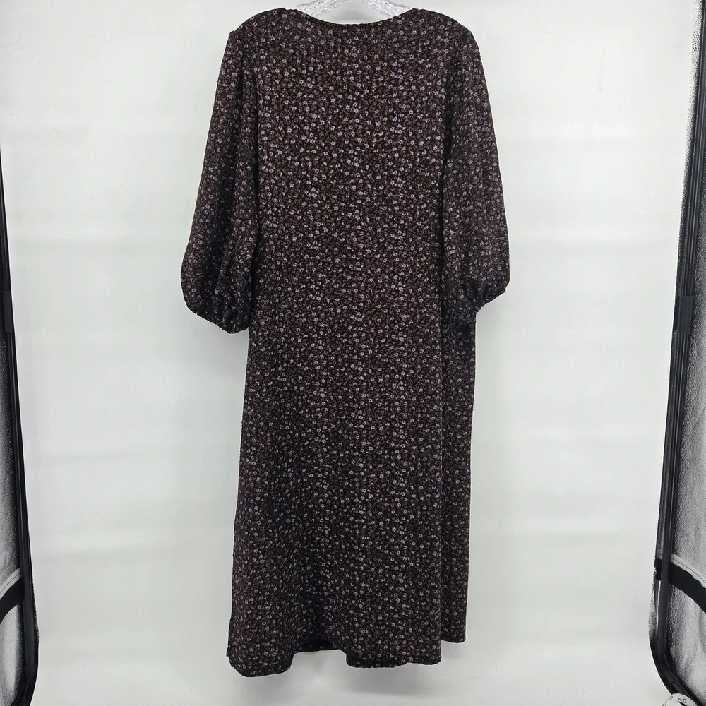 ASOS DESIGN Petite Midi Dress 10 Black Floral Puff Sleeve Boho Cottagecore - Picture 5 of 7